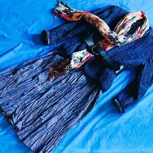 DEMIN SHIRRING SKIRT, SHIRT, JACKET & SCARF SET